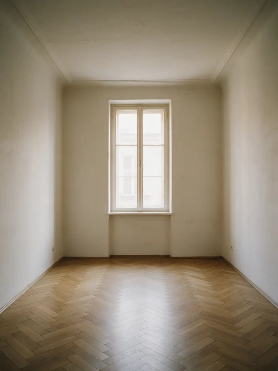 Puste, jasne mieszkanie w kamienicy z parkietem w jodełkę i wysokim oknem