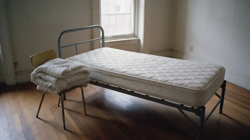 Rozebrane łóżko z gołym materacem w pustej sypialni