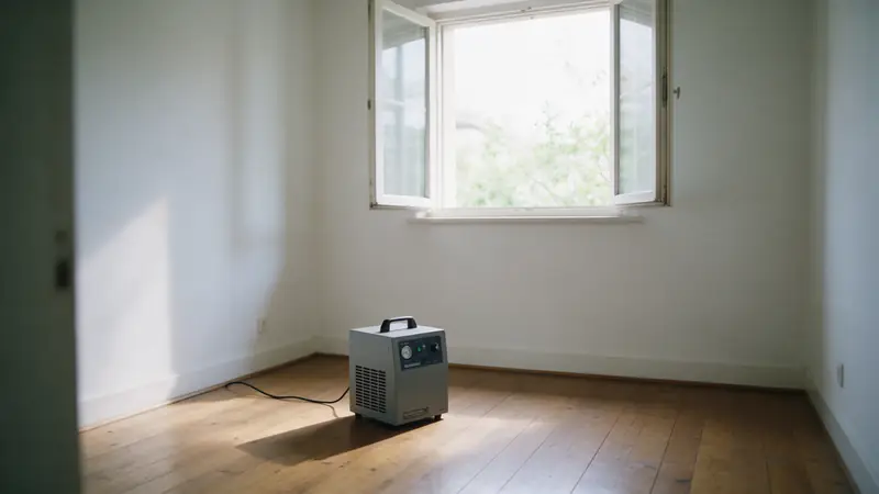 Otwarte okno i wyłączony generator ozonu w pustym pokoju
