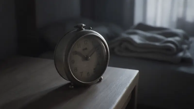 Mechaniczny budzik na drewnianej szafce nocnej w cichej sypialni